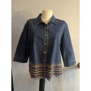 Mountain Lake Casuals Petite Embroidered Denim Jacket Women 3/4 Sleeve Fringe